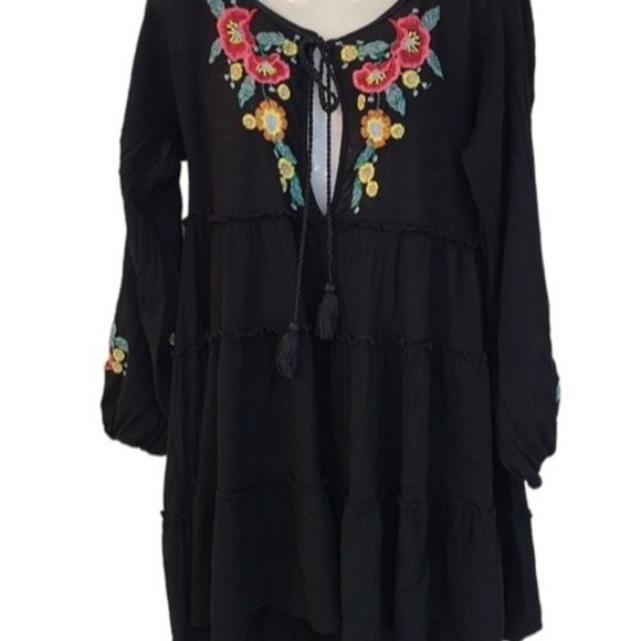 Free People NWOT size S/P long sleeve black tiered dress with keyhole front tie - Picture 2 of 12
